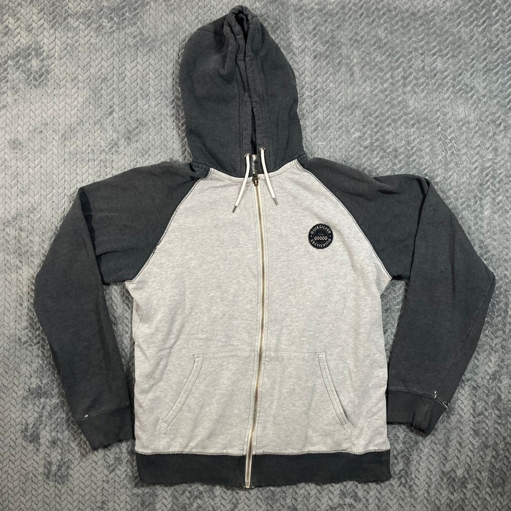 Quiksilver Hoodie Mens XL Full Zip Gray Colorblock Distressed Raglan